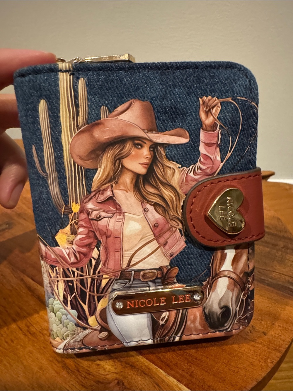 Nicole Lee Denim Cowgirl Zip Card Holder in Blue and Brown